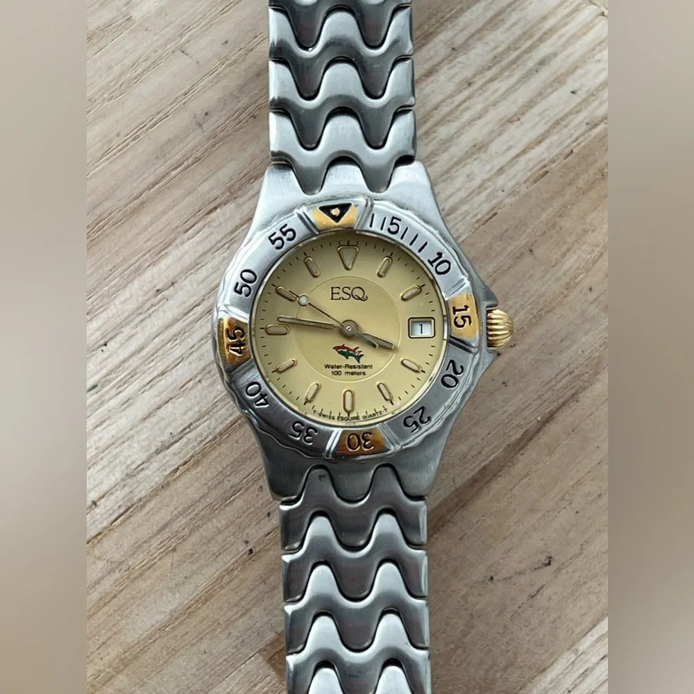 ESQ Super Rare Freedom Ladies Diver Watch Gold-Tone Dial Weave Bracelet Date